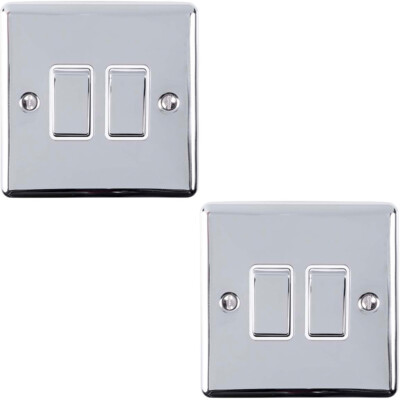 2er Pack 2 Gang Doppel Metall Lichtschalter POLIERT CHROM 2-fach 10A weiße Blende