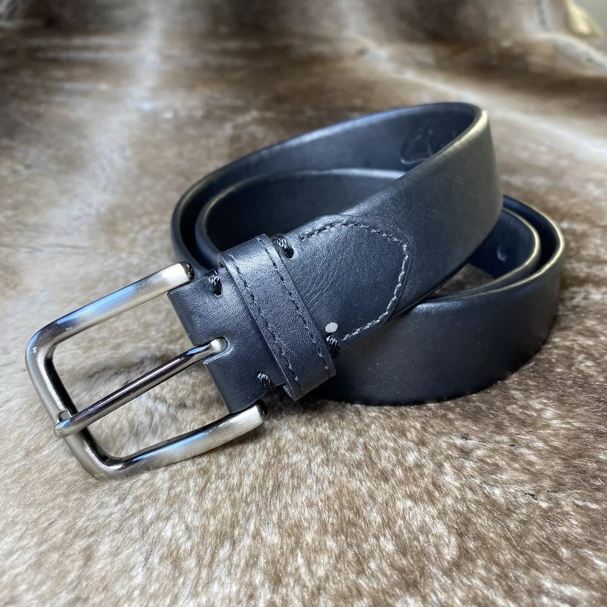 Clarks Belt Mens L Black Leather Silver Tone Buckle