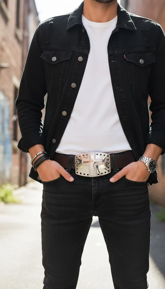 Uomo Abito Western Cintura Fibbia Argento Croce Strass Matrimonio Chiesa Formale - Immagine 3 di 4