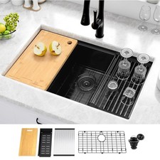 32" Black Undermount Kitchen Sink, Stainless Steel Single Bowl Workstation Sink