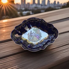LIMOGES Castel Trinket Dish 22K Gold Cobalt Blue Courting Couple Romantic Tray