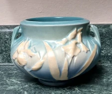 Vintage Roseville Pottery 647 Double Handled Blue Iris Jardinier 4.5"