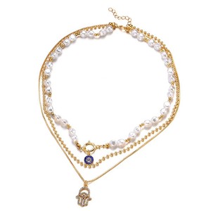 Authentic Gold Plated Layered Necklace Pearl Chain Evil Eye&Hamsa Charm Fashion Choker