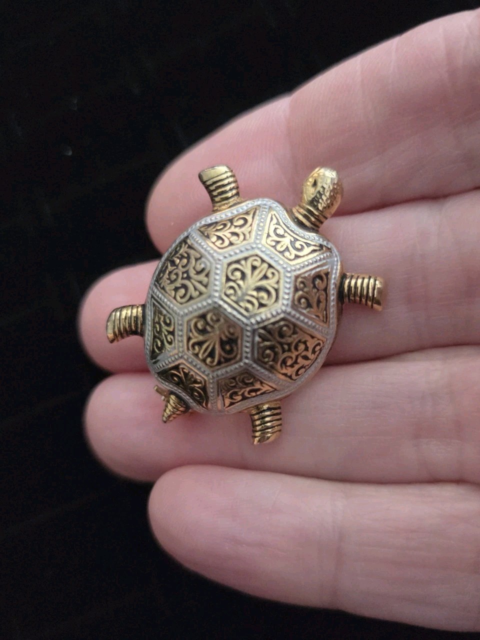 Vintage TURTLE Brooch Damascene Textured Gold & Silver Tone