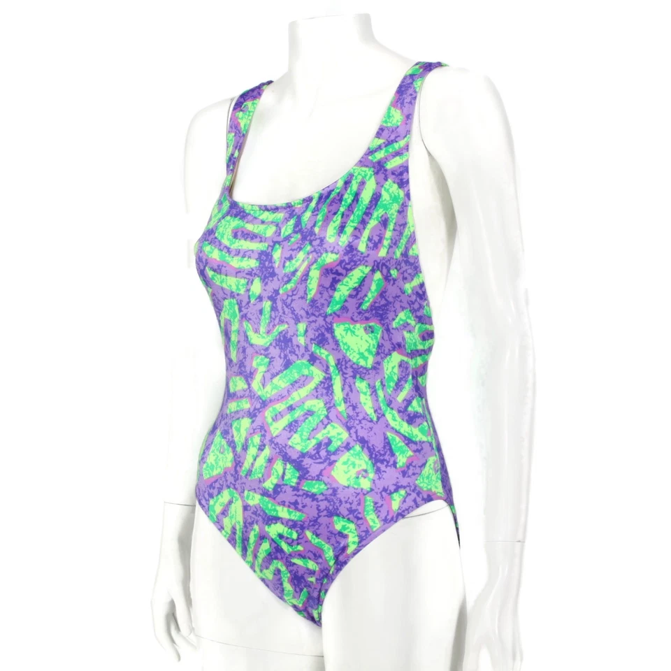 TRAJE DE BAÑO NEÓN de colección años 80 90 surf playa verde púrpura Baywatch para mujer talla 9/417 Foto 2 de 4