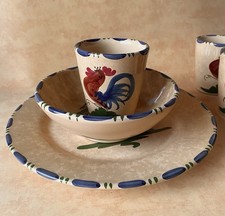 3ps Lamas Rooster Italy Hand Painted Pottery Mug Bowl Plate Set Read Description