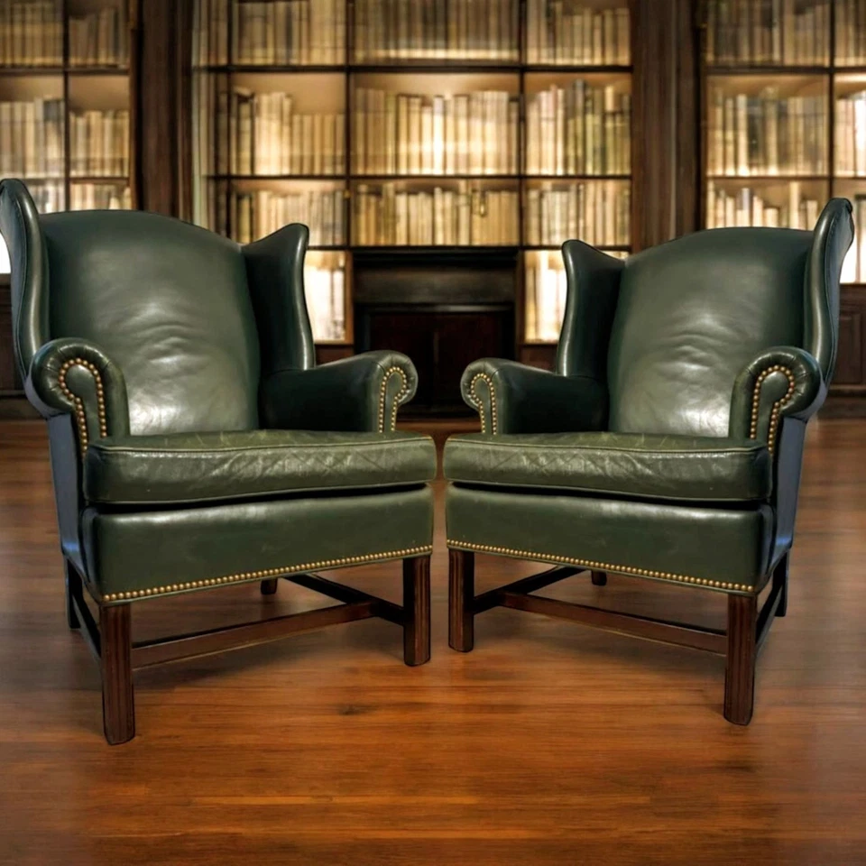 A Pair Of Green Leather Wingback Chairs By Hancock And Moore - Image 2 of 4