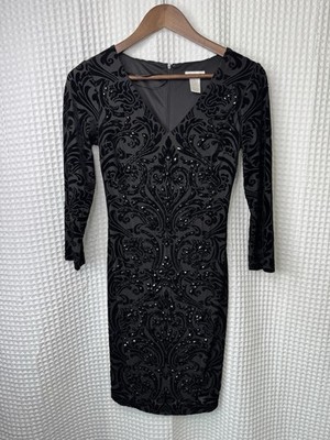 Cache Womens Size 0 Black Gray Velvet Flocked Beaded Bodycon Cocktail Dress