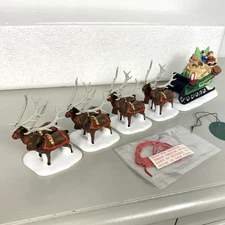 Vintage Dept 56 Heritage Village Sleigh & Eight Tiny Reindeer Porcelain Set New