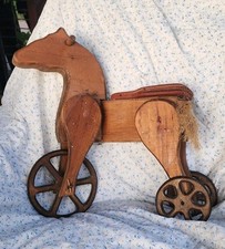 Antique Vintage Child s Tricycle Wooden Horse Toy with Wheels Rustic Primitive