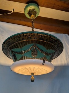 Rare Antique Art Deco Chandelier Ceiling Light Fixture Duplexalite Gold Green20s