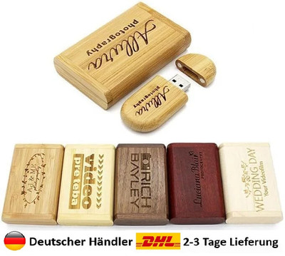 USB Stick Personalisiert + Geschenkbox Holz massiv mit Gravur Wunschtext 3.0