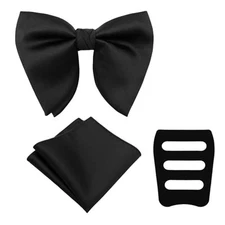 Oversized Bow Ties for Men, Pre-Tied Bow Tie and Handkerchief with Pocket Black