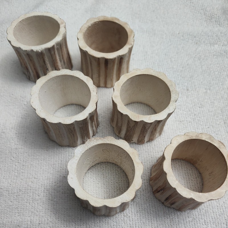 Set Of 6 Handcrafted Round Wooden Ribbed Textured Napkin Rings 1.5”