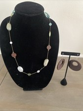 Necklace Earrings Set Wooden Long Gemstone Chain Minimalist Festival Green Brown