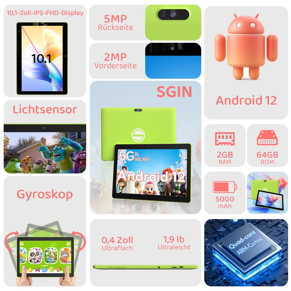 10,1" Kinder Tablet Android 12 2GB RAM 64GB SSD Dual Kamera WiFi 5000mAh Google - Bild 2 von 4