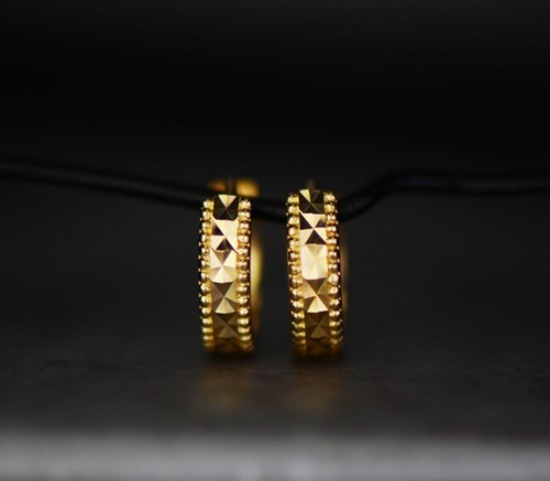 14k Yellow and White Gold Diamond Cut Huggie Hoop Earrings - Picture 7 of 11