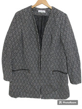 Sz L Kasper Knit Chevron Cardigan Open Front Long Jacket Black White Lined EUC
