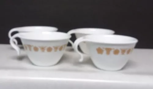 Pyrex Corelle Tea Cups Mugs Butterfly Gold Loop Handle Set of 4 