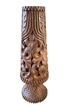 Hand Carved Teak Vase / Candle Holder Mid Century MCM From Thailand 10” X 4”