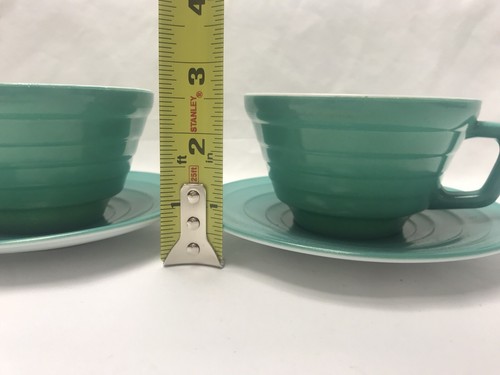 Pair of Vintage Hazel Atlas Moderntone Platonite Teal Green Teacups & Saucers - Picture 3 of 6