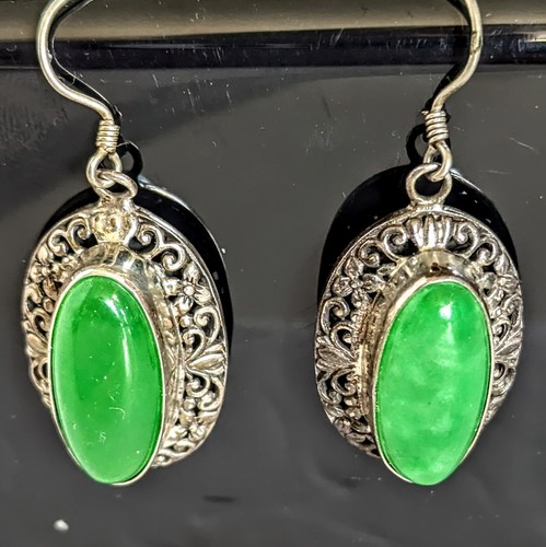 Orecchini pendenti vintage in argento sterling giadeite verde smeraldo 1 1/8" - Foto 5 di 9
