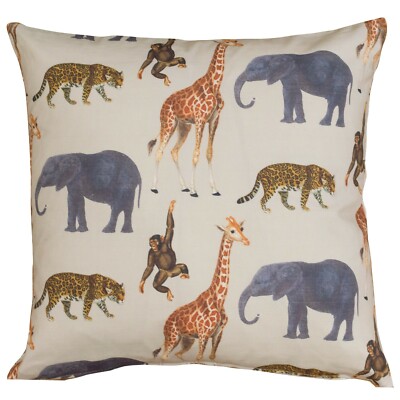 Tier Safari Kissen. Doppelseitiger 17'' Vierkant. Giraffen, Affen, Elefanten.