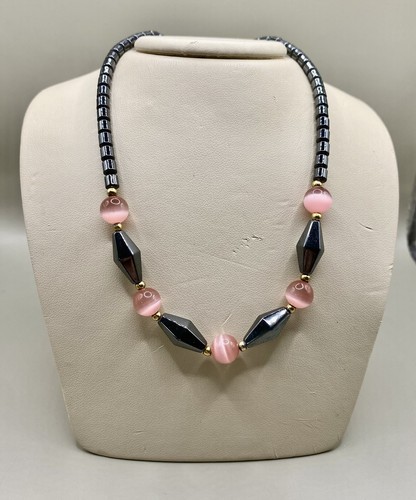 Genuine Black Hematite with pink cats eye quarts beads 18 inch necklace - Picture 6 of 6