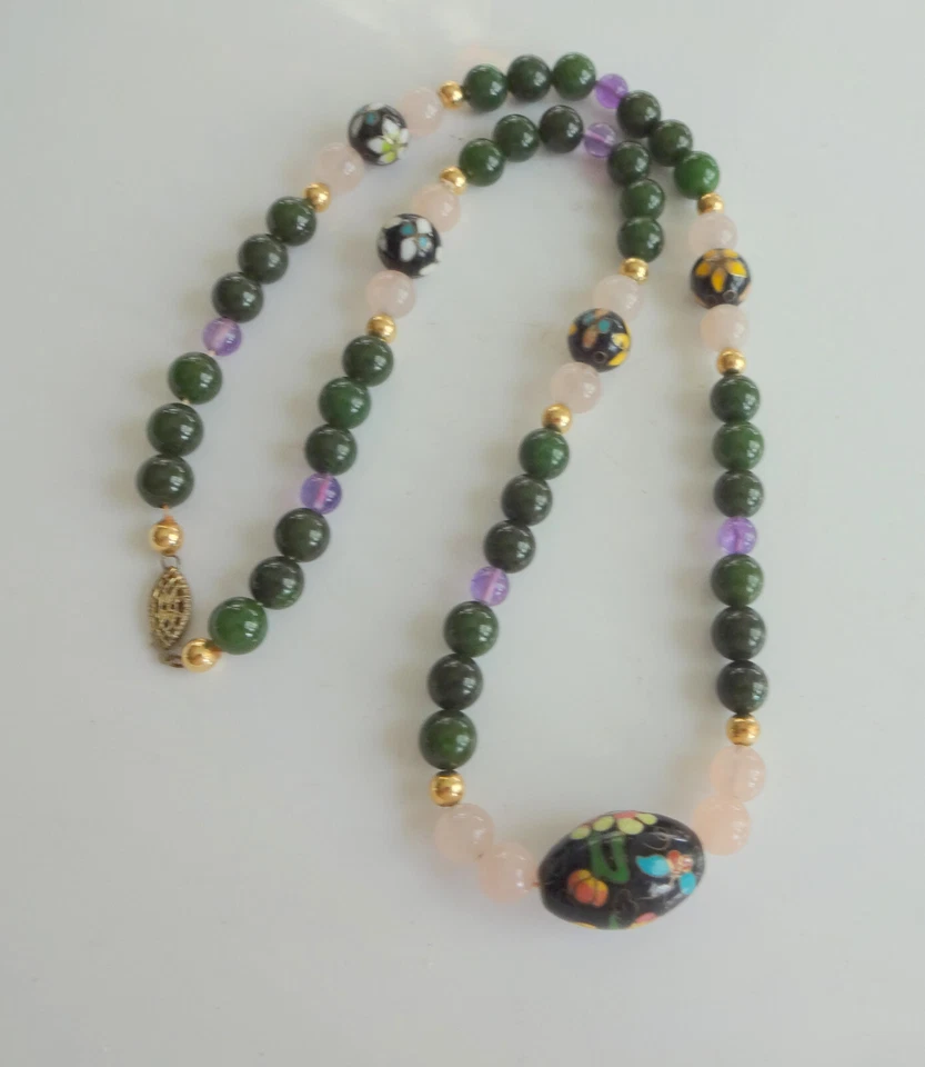 Antiguo Collar Chino Cloisonne Amatista y Jade Oro Relleno Cierre 22" de Largo Foto 2 de 4