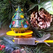Vintage Tin Toy Push to Spin Christmas Tree Santa Reveal Toy 1950s