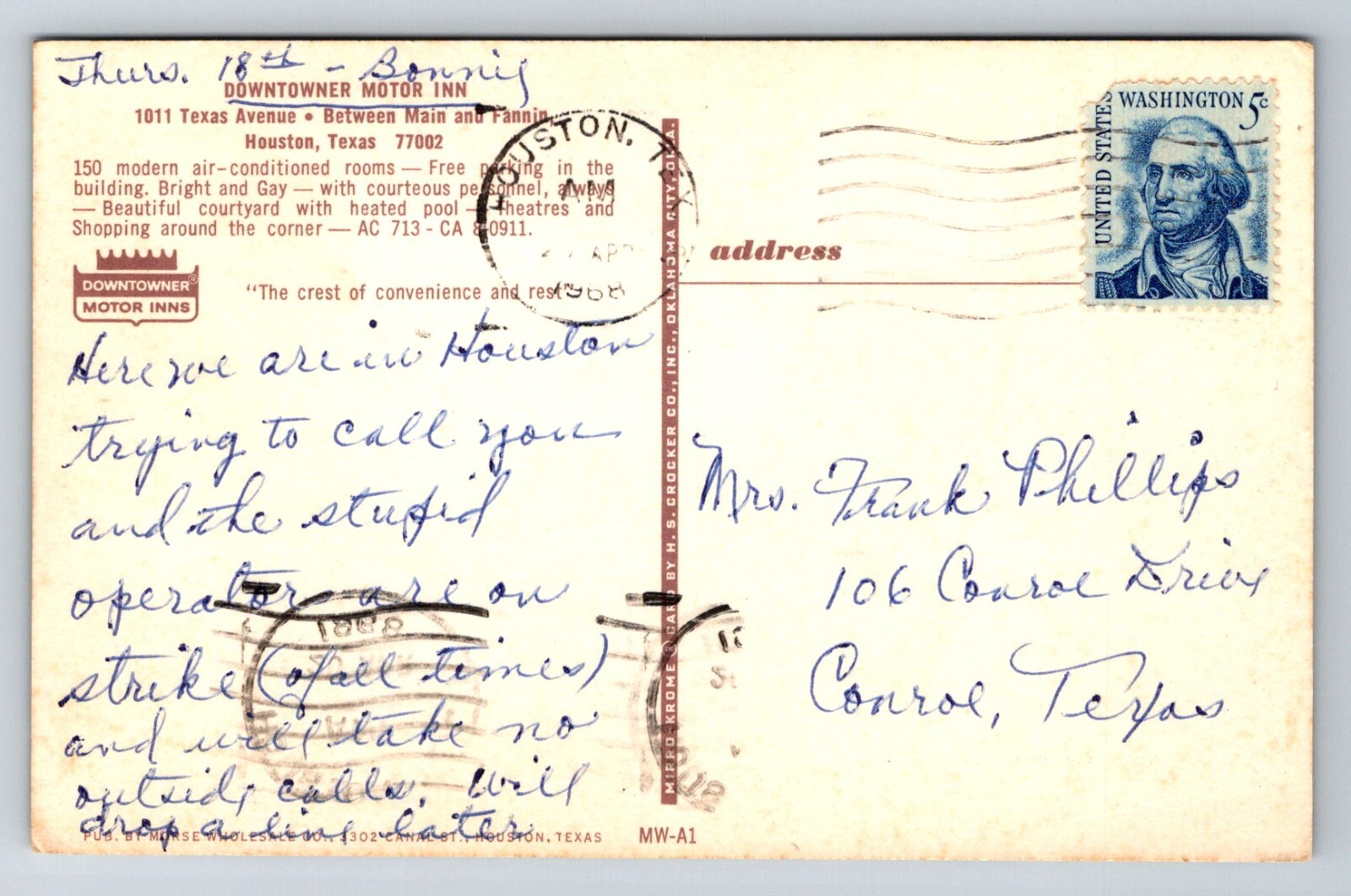 Postcard Texas Houston Downtowner Motor Inn 1968 H026 eBay