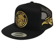 SINALOA 3 LOGOS GOLD METALLIC MEXICO HAT 2 AGUILAS BLACK MESH TRUCKER