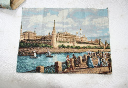 Real Tapestry River Bank Scene By Old Moscow White Kremlin Walls Russia - Picture 2 of 3
