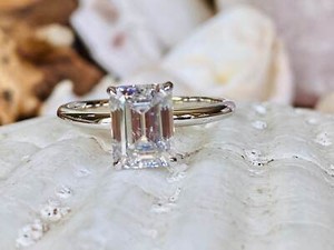 Authentic 2Ct Emerald Moissanite Engagement Ring Set 14K White Gold Plated Stacking Rings