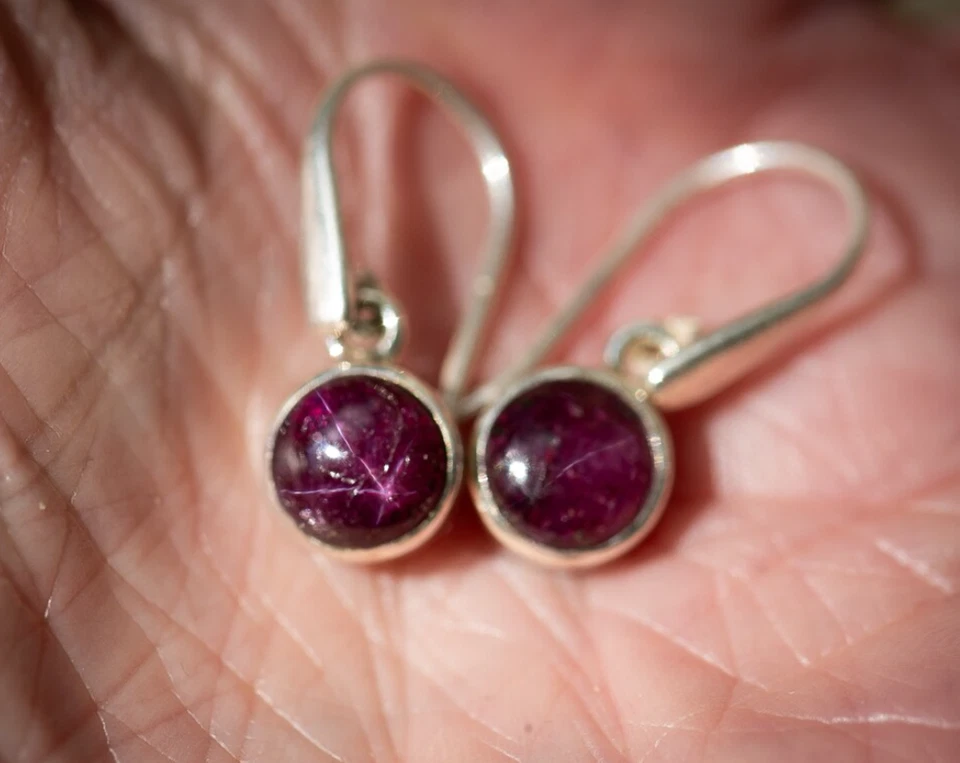 Genuine Round 6 Rays Star Purple Ruby Earrings 925 Silver Ruby Drop Earrings - Image 3 of 4