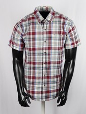 Men's Western Burgundy Gray Plaid Shirt Short Sleeve Button Up Single Pocket