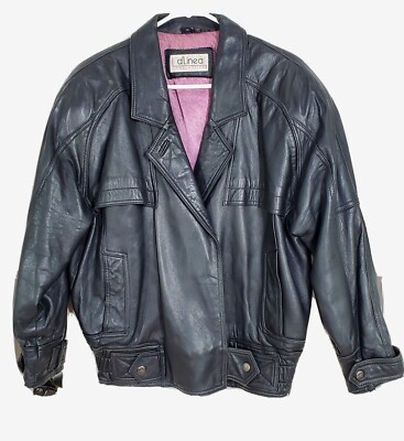 D'Linea Collection Leather Jacket Mens Vtg 1980s Black Lambskin Bomber Coat Sz M