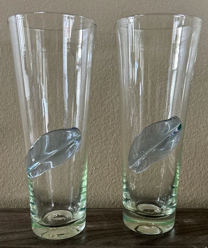 Blenko Pre-designer Glasses With Applied Leaf  (Set Of 2) Blue