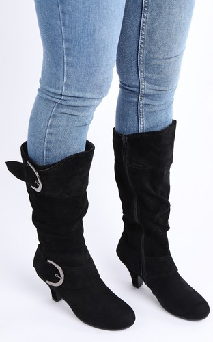 NEW WOMENS LADIES MID HEEL WINTER TWIN BUCKLE ZIP CALF KNEE RIDING SHOES BOOTS - 第 6/55 張圖片