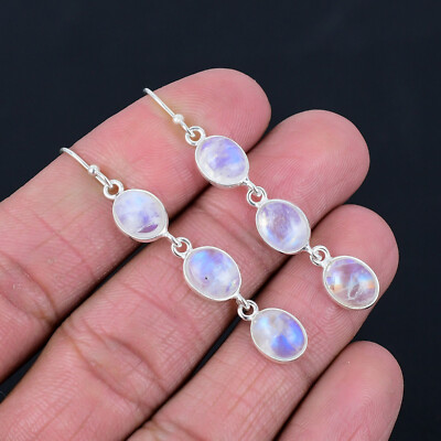 Rainbow Moonstone Gemstone Solid 925 Sterling Silver Earrings Jewelry 1.9'' E-190
