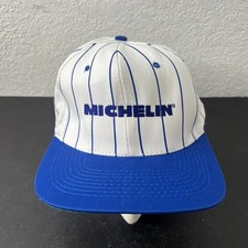 Vintage KC Michelin Tires Snapback Hat White Blue Pinstripes Embroidered