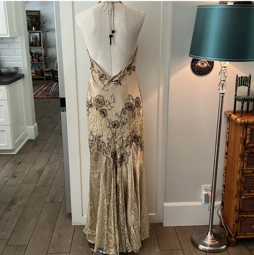 Abito formale vintage anni 90 cache perline pizzo seta beige US 2 4 matrimonio lungo - Foto 4 di 13