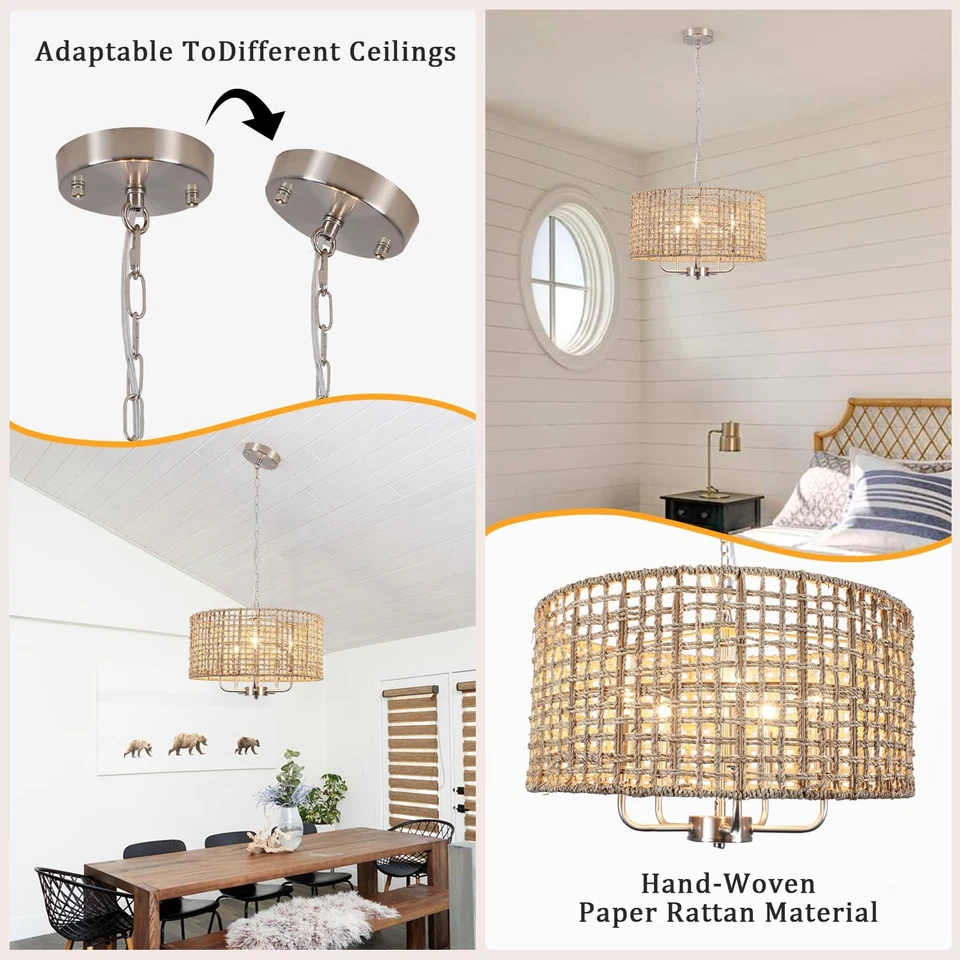 Lámpara de araña de ratán tejida a mano de 18,9"", luz colgante de ratán de 5 luces granja C... Foto 3 de 4