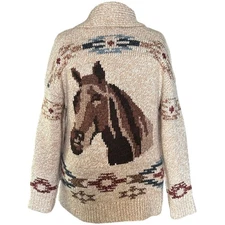Wms Horse Western Shawl Cardigan Sweater Beige L Southwestern Equestrian Aztec