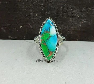 Peacock Dahlia Turquoise 925 Sterling Silver Band & Statement Handmade  All Size