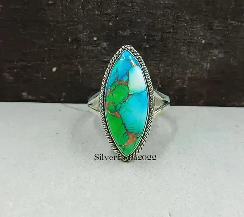 Peacock Dahlia Turquoise 925 Sterling Silver Band & Statement Handmade  All Size