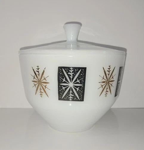 Vintage Federal Glass Atomic Starburst Snowflake Covered Casserole Bowl