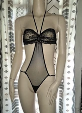 Vtg 90s Victoria's Secret Thong Bodysuit Small Sheer Black Lace Mesh Stretchy