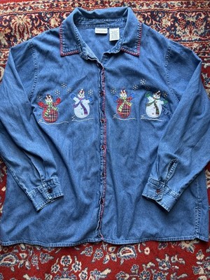 White Stag Snowman Shirt 18W-20W Womens Blue Denim Embroidery Holiday Winter