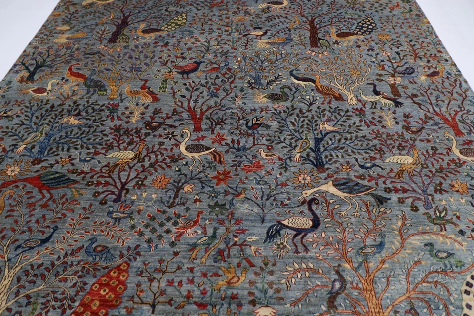 10 x 14 ft Birds Animal Gray Area Rug Afghan Hand Knotted Veg Dye Wool Rug - Image 4 of 4